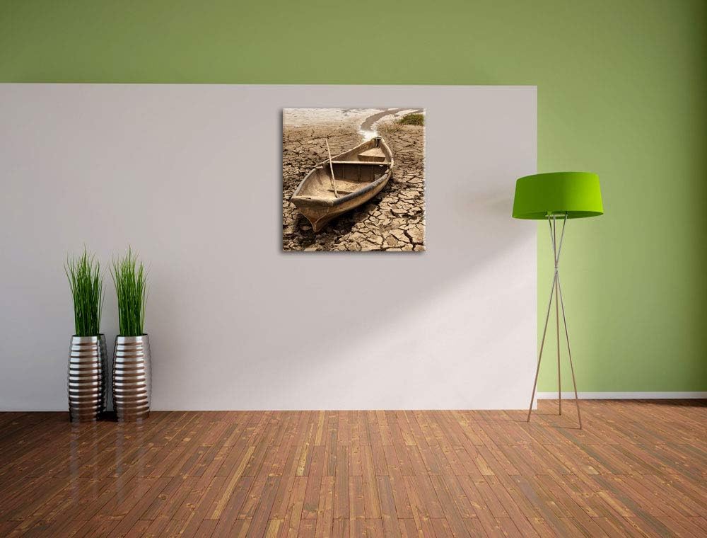 Boot in der Dürre, Format: 70x70 auf Leinwand, XXL riesige Bilder fertig gerahmt mit Keilrahmen, Kun
