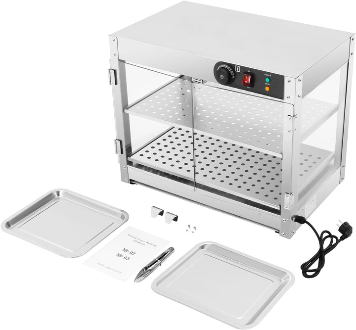 800W Warmhaltevitrine Edelstahl 2 Ebenen 30-85°C Thekenvitrine | für Bäckerei/Café/Kantine/Fast Food