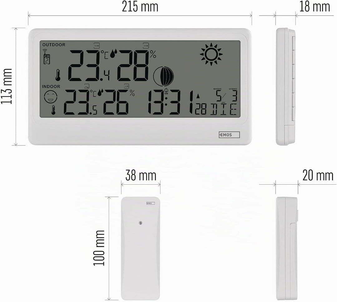 EMOS - Funk-Wetterstation mit Aussensensor - Innen-/Aussentemperatur, Luftfeuchtigkeit, Wettervorher