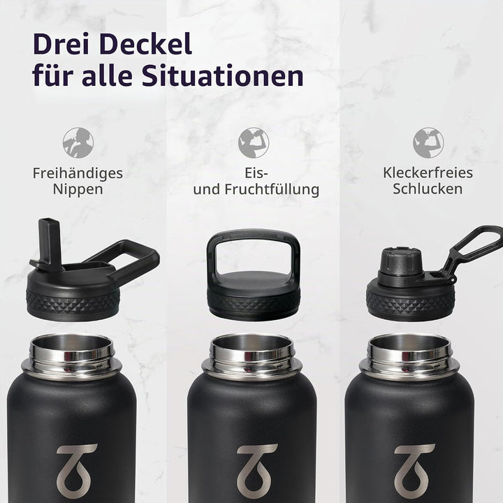 Trebo 1.2 L Edelstahl Trinkflasche Isoliert mit Paracord-Griff &amp; 3 Deckeln | Grosse Metall Wasserfla
