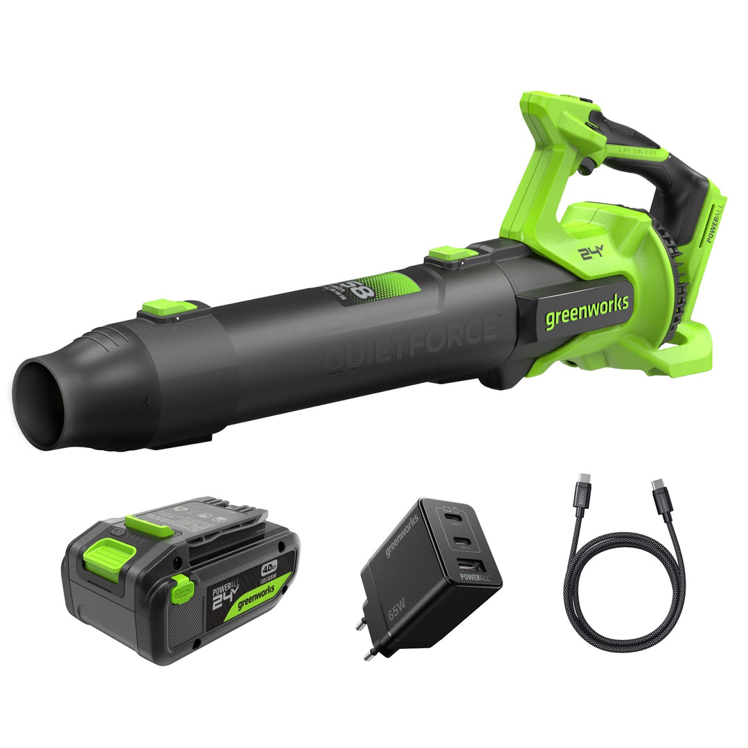 Greenworks 24V Akku-Laubbläser, Bürstenlos, 14,58 m³/min, 209 km/h, QUIETFORCE, inkl. 4Ah USB Akku &