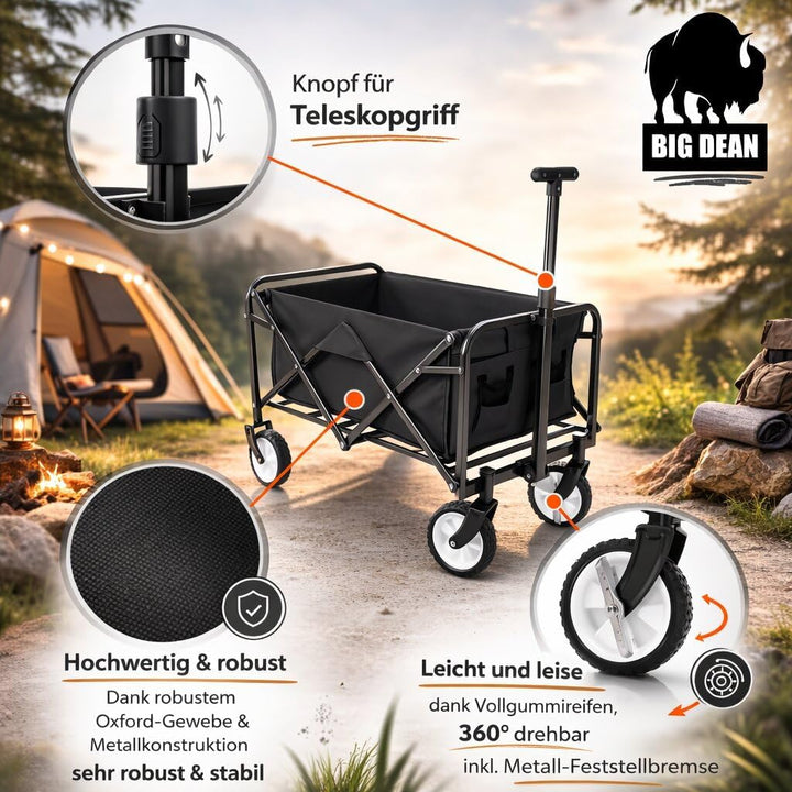 BigDean Bollerwagen faltbar bis 80kg schwarz - kompakter Transportwagen klappbar - Handwagen für Cam