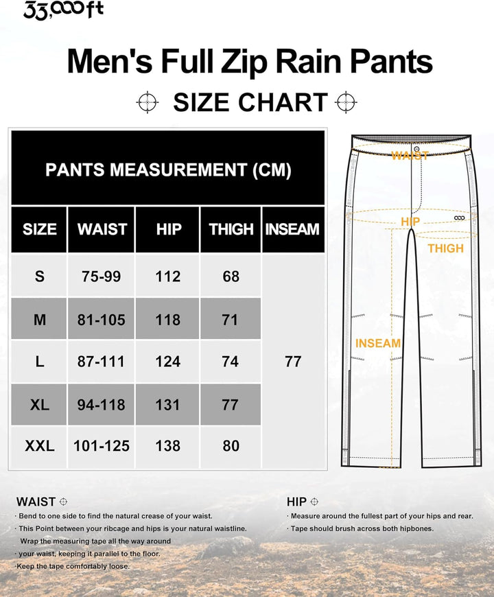 33,000ft Regenhose Herren Wasserdicht Full Zip Wanderhose, Atmungsaktiv 2-Lagen Überziehhose Fahrrad
