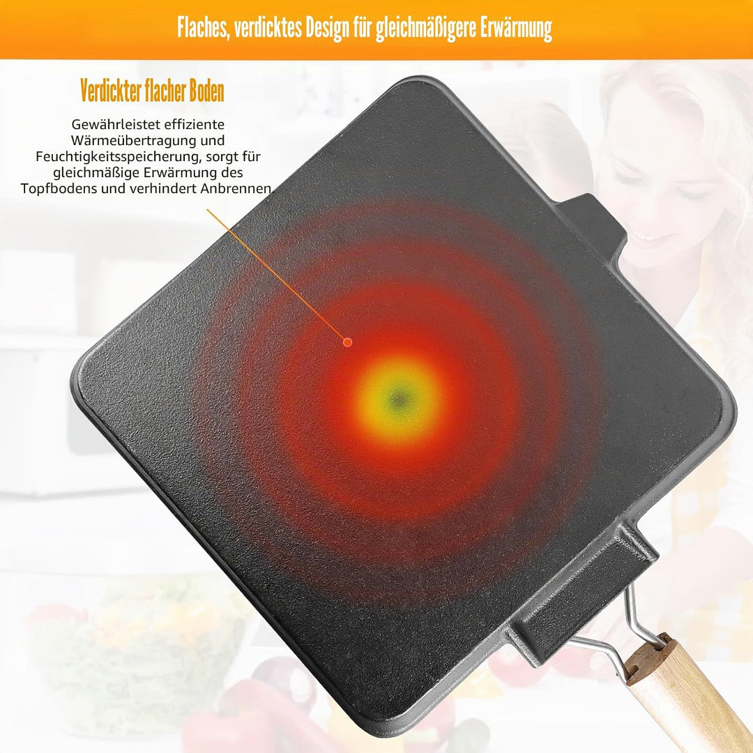COZHEYSS Steakpfanne Gusseisen Grillpfanne Klappbarer Holzgriff, 24×24cm Grill Pan Induktion Viereck