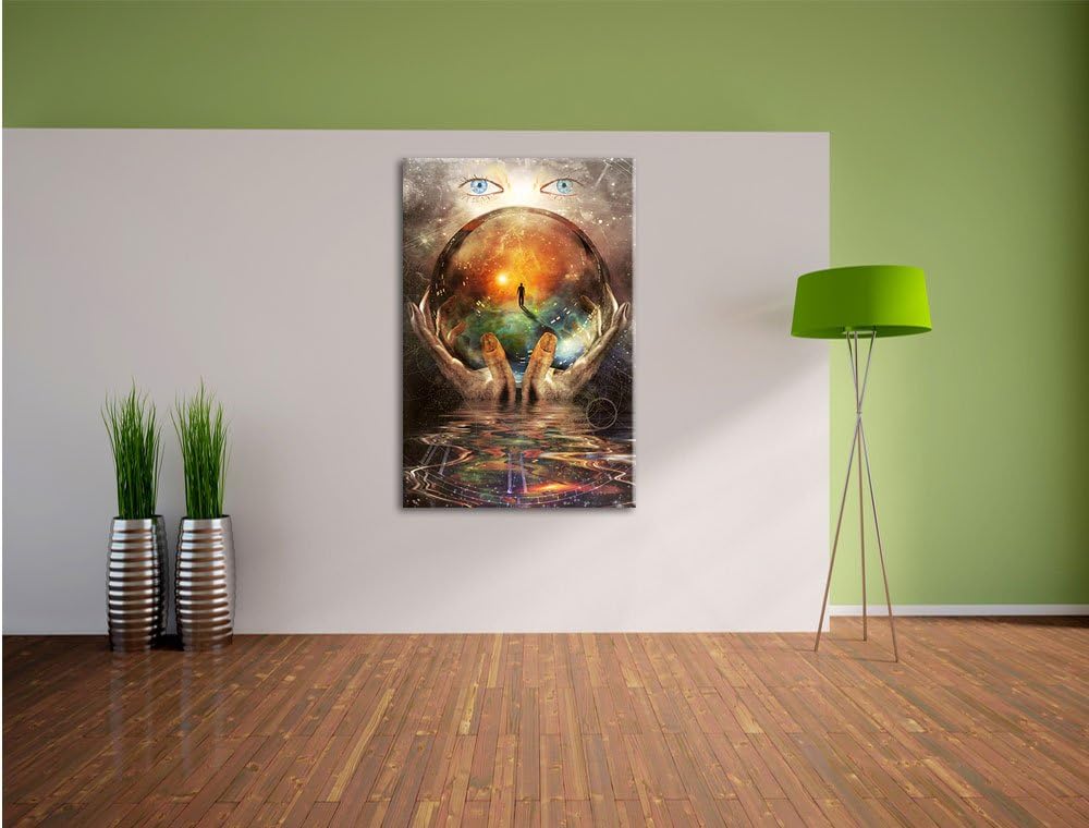 Pixxprint Glaskugel in der Hand mit abstrakten Hintergrund, Format: 100x70 auf Leinwand, 100x70