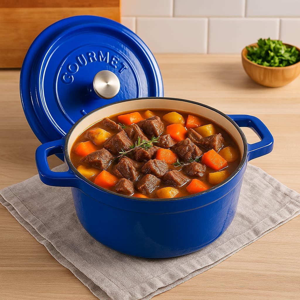 Runder Kochtopf aus Gusseisen mit glasierter Keramikbeschichtung, Cocotte mit Deckel. Gourmet Tools