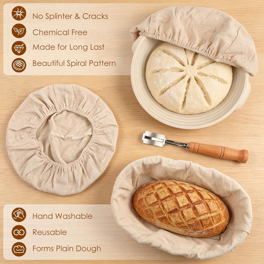 Gärkörbchen Gärkorb Set 25 cm Runde & 23cm Oval,Brot Backen Zubehör,Brot Gärkorb mit 5 Bäckermesser,