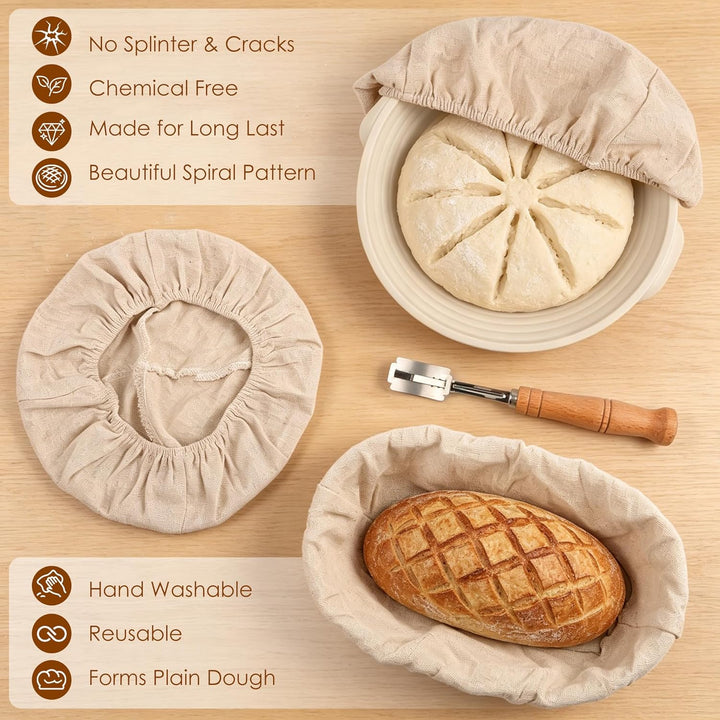 Gärkörbchen Gärkorb Set 25 cm Runde & 23cm Oval,Brot Backen Zubehör,Brot Gärkorb mit 5 Bäckermesser,