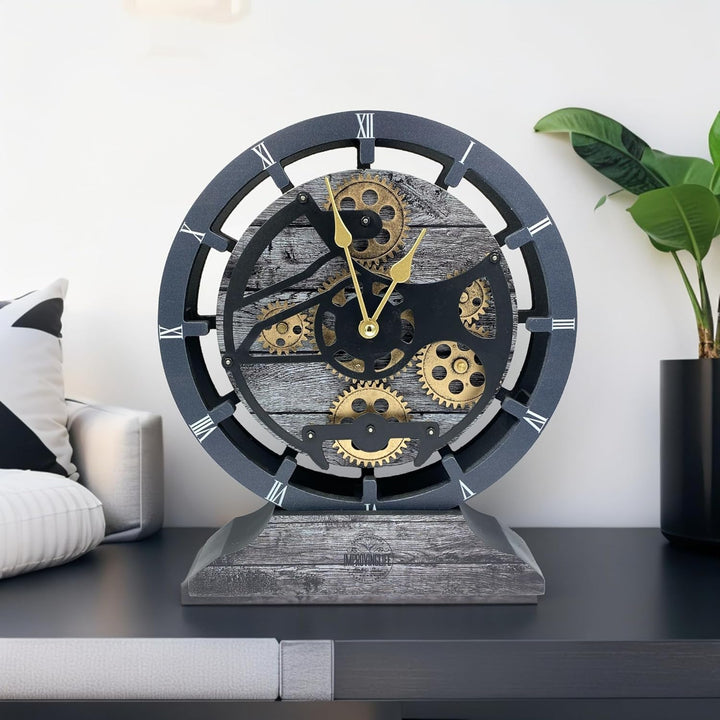 Tischuhr 25,4 cm mit echten beweglichen Zahnrädern umwandelbar in Wanduhr (Carbongrau)