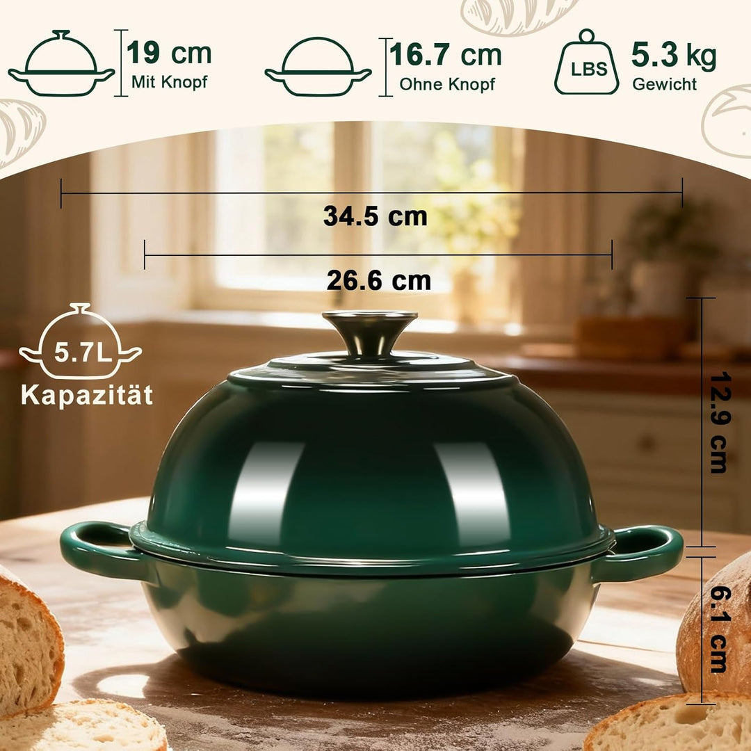 Gusseisen Topf Brot Backen,5,7L Bräter Emaille Schmortopf mit Deckel und Griffen,26 cm Dutch Oven,Br