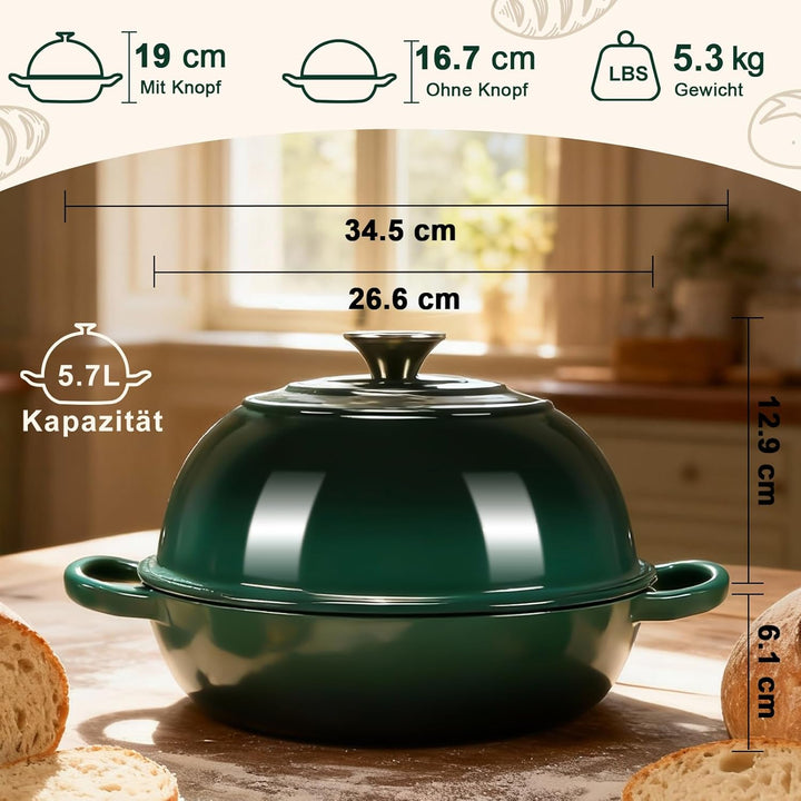 Gusseisen Topf Brot Backen,5,7L Bräter Emaille Schmortopf mit Deckel und Griffen,26 cm Dutch Oven,Br