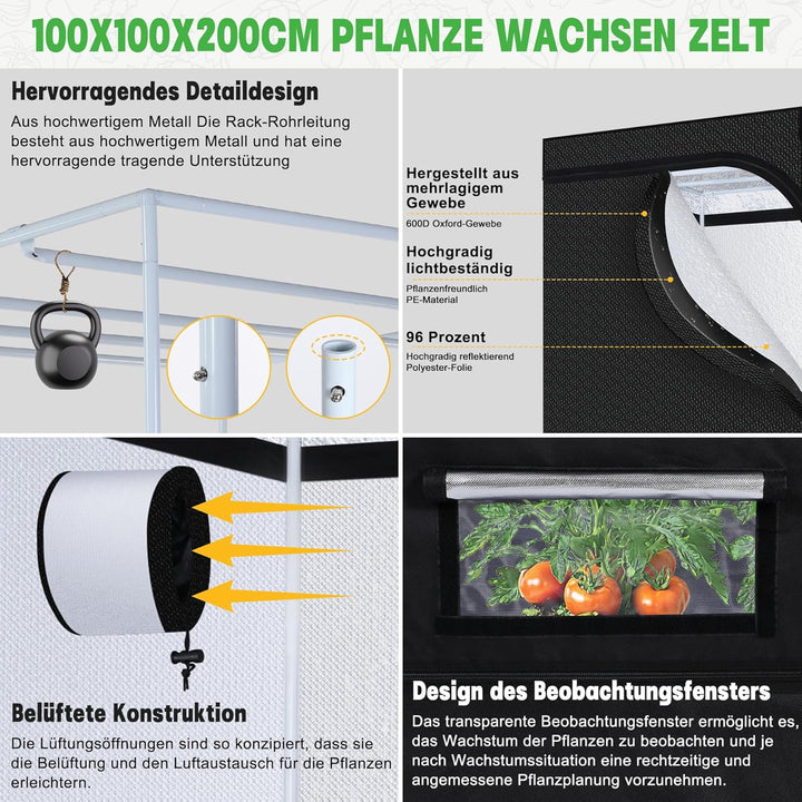 Growzelt Komplettset, Led Grow Tent Kit, 200W LED Grow Lampe Vollspektrum,Komplettes Hydroponics 600