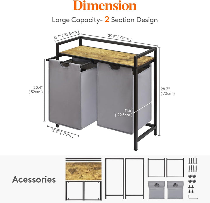 Lifewit Wäschekorb 2 Fächer, 95L/47,5x2L Wäschesammler mit Ablage, Laundry Baskets mit herausziehbar