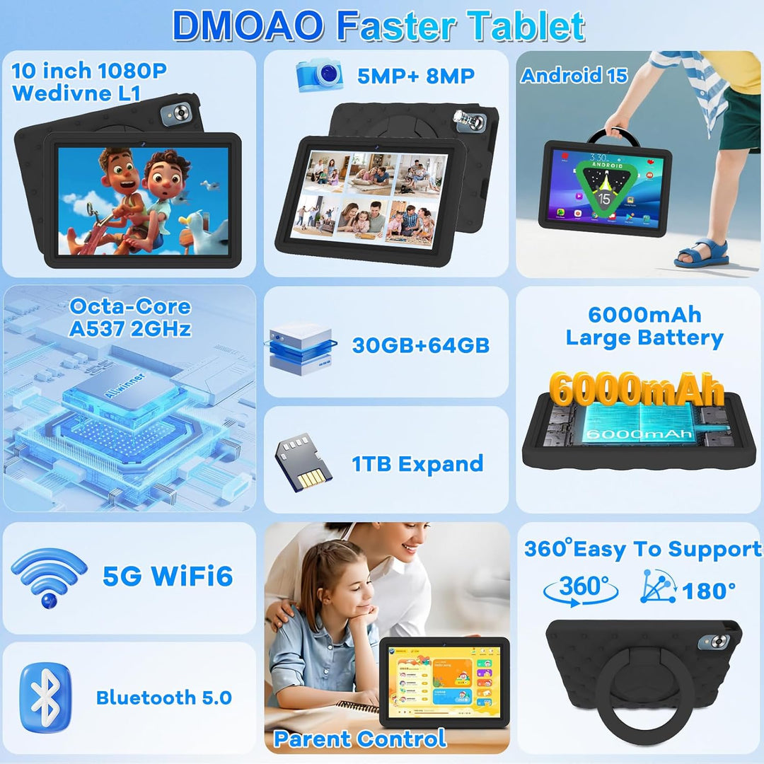 DMOAO Kinder Tablet 10 Zoll Android 15 mit 30GB RAM + 64GB ROM(2TB), 5G WLAN 6, Widevine L1, Elterli