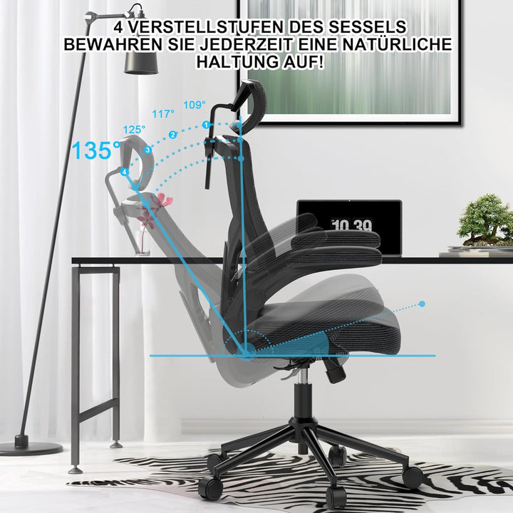 CYKOV Bürostuhl Ergonomisch, PC Stuhl mit Verstellbarer Kopfstütze & Klappbaren Armlehnen, Schreibti