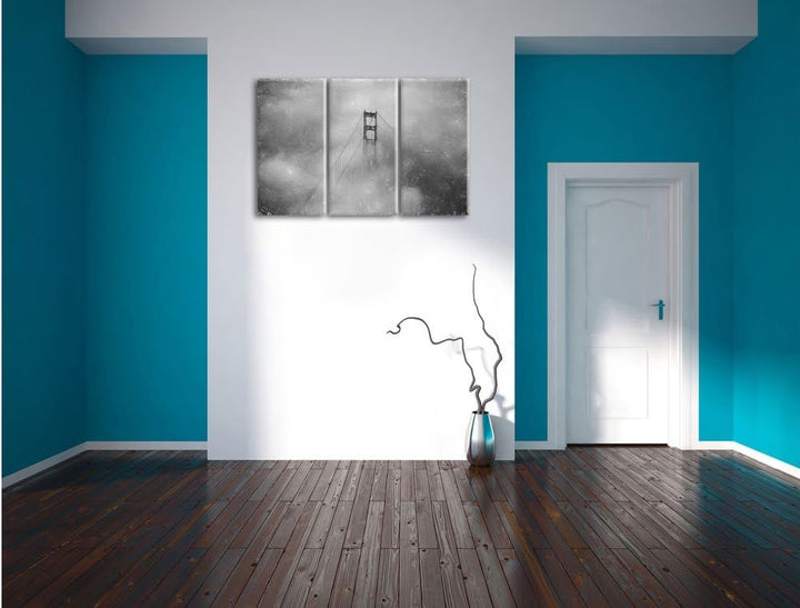 Pixxprint Golden Gate Bridge über den Wolken / 3-Teilig/Gesamtmass 120cm Leinwandbild bespannt auf H