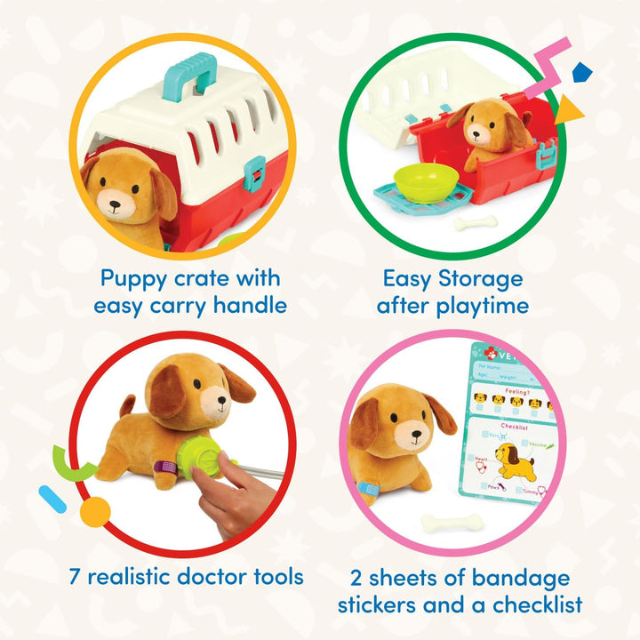 Battat – Welpenpflege Vet Kit – Mini-Tierarzt-Spielset (11 Teile) – Plüschhund & Tragetasche – Aufkl