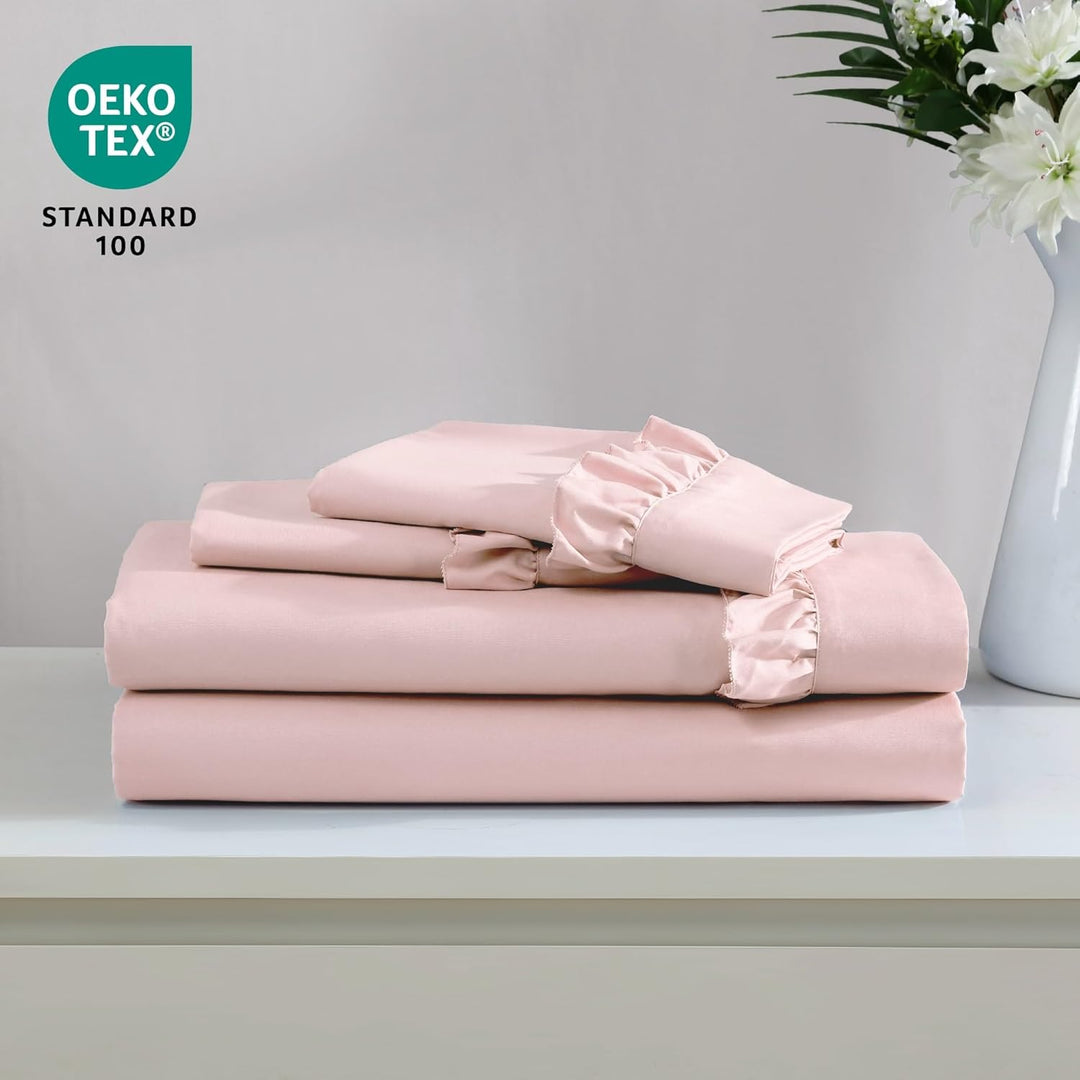 Swift Home Hudson & Main ultrasoftes Elegante gerüschter Saum-Bettlaken-Set Full Rose Blush Rose Blu