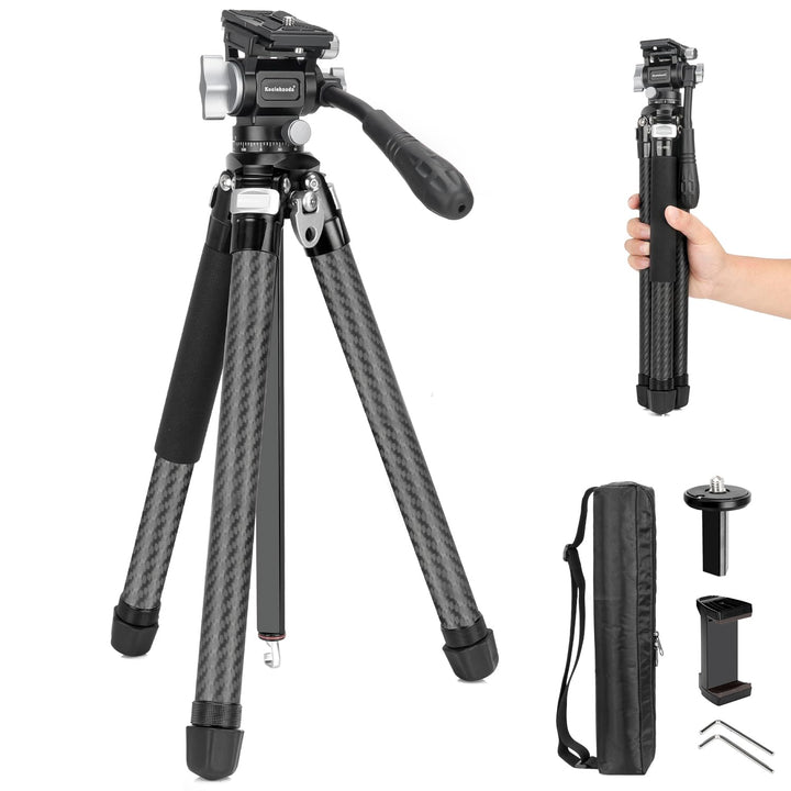 Koolehaoda Kamera Stativ Reisestativ 160 cm Carbon Stativ mit 360° Panorama Fluidkopf & Kurze Mittel