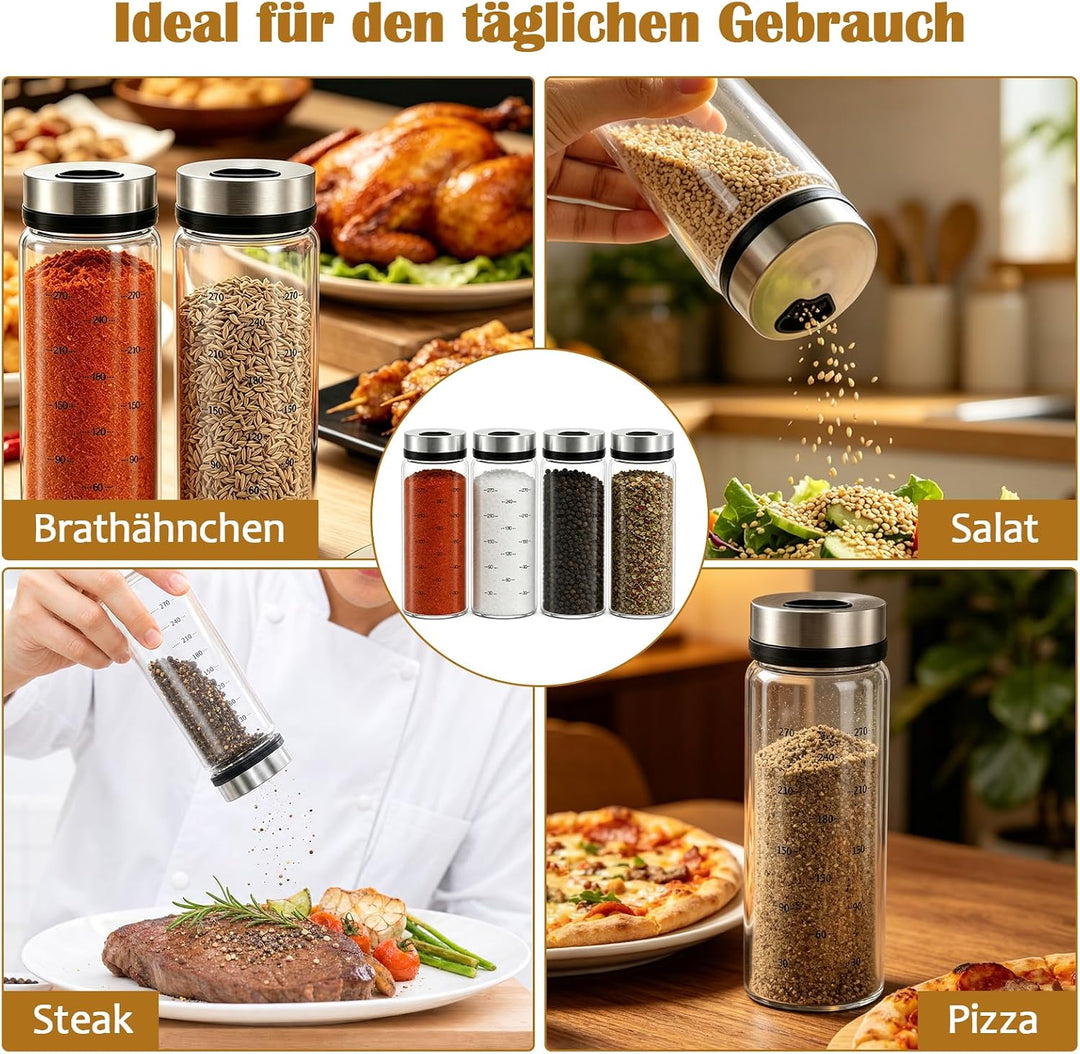 4 Stück Gewürzgläser mit Drehdeckel,300ml,3 Arten von Gewürzlöcher