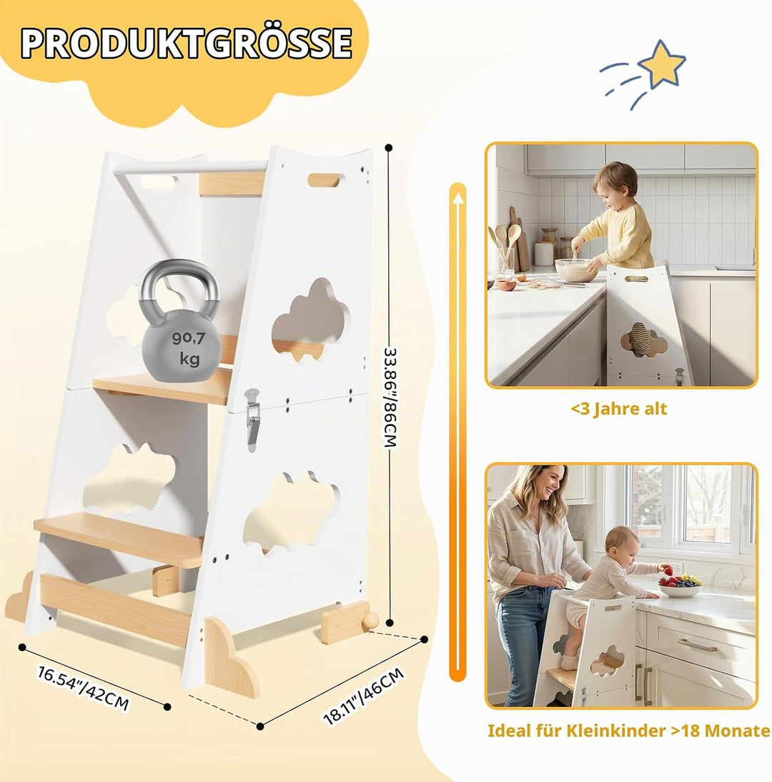 KIDINIX Lernturm ab 1 Jahr, 3 in 1 Montessori Learning Tower mit Sicherheitsgeländer und Tafel, Klap