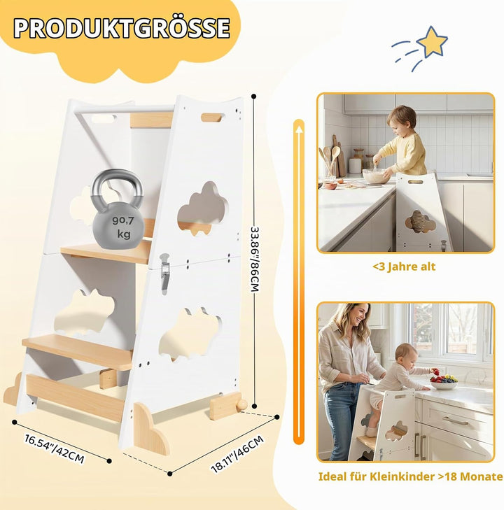 KIDINIX Lernturm ab 1 Jahr, 3 in 1 Montessori Learning Tower mit Sicherheitsgeländer und Tafel, Klap