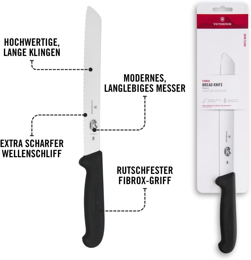 Victorinox Fibrox Brotmesser mit Wellenschliff, Scharfes Küchenmesser für Kuchen und Backwaren, 21 c