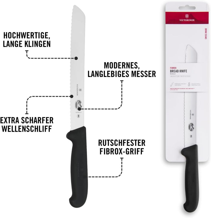 Victorinox Fibrox Brotmesser mit Wellenschliff, Scharfes Küchenmesser für Kuchen und Backwaren, 21 c