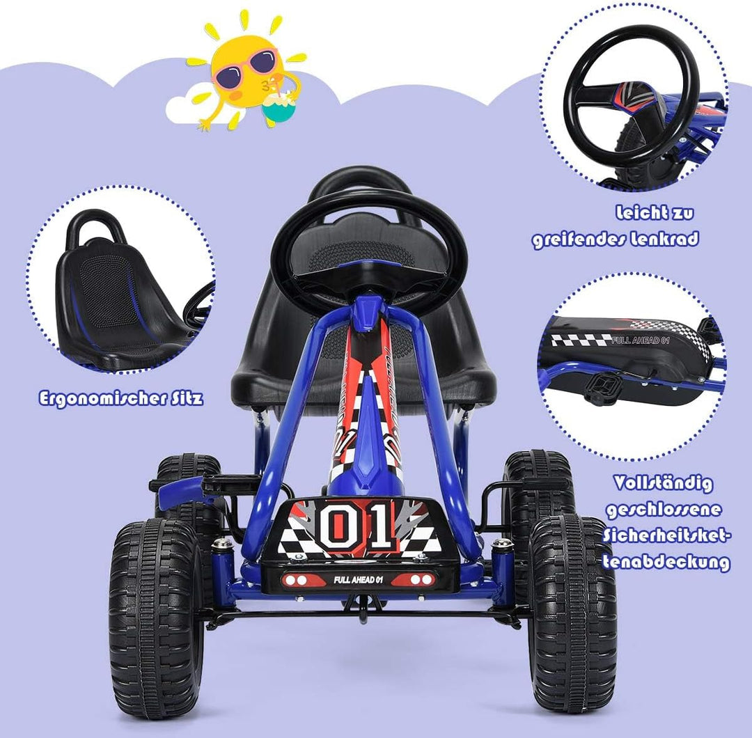 FANTASK Gokart ab 3 Jahren, Tretauto Tretfahrzeug mit verstellbarem Sitz und Handbremse, Go Cart bis