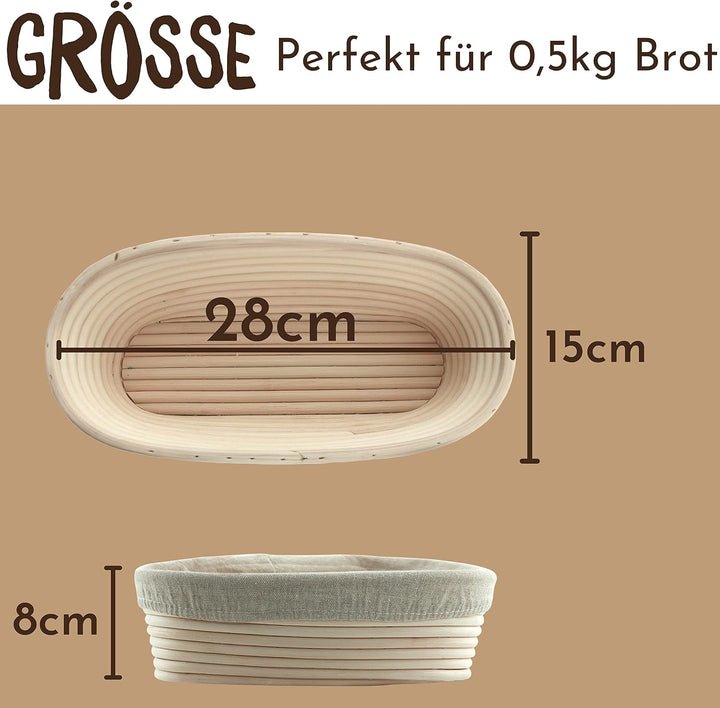 riijk Gärkörbchen + Teigschaber – Der ideale Gärkorb aus natürlichem Peddigrohr (oval, 28 cm) – mit