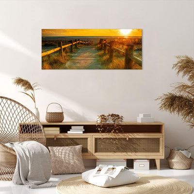 Wandbilder Dekoration Wohnzimmer Fussgängerbrücke Strand Urlaub Sonne Bilder auf Leinwand 120x50cm L