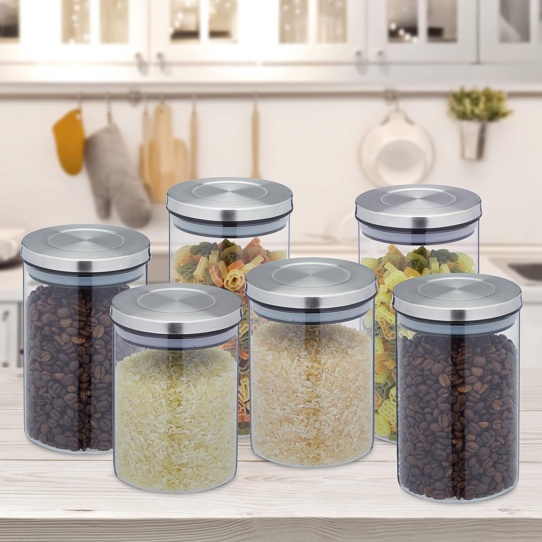 Relaxdays Vorratsgläser mit Edelstahldeckel, 6er Set, Vorratsdosen aus Glas, 3 Grössen, luftdicht, t