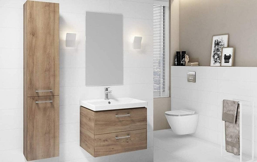 VBChome Waschbecken mit Unterschrank Nussbaum 60 cm mit Armatur und Pop Up ventil 2 Schubladen Weiss