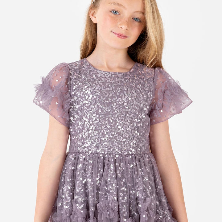 Maya Deluxe Mädchen Girl's Sequin Ruffles Sparkling Party Short Sleeve Midi Wedding Guest Tutu Frill