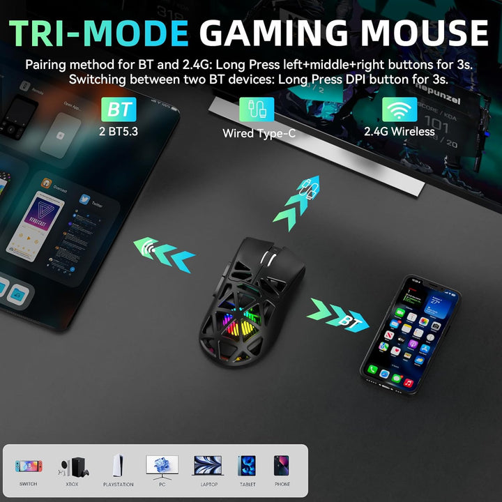 AULA SC620 Kabellose Gaming Maus,BT5.0/2.4G/USB-C,mit PixArt PAW3311-Sensor,12000DPI,8KHz,Feuertaste