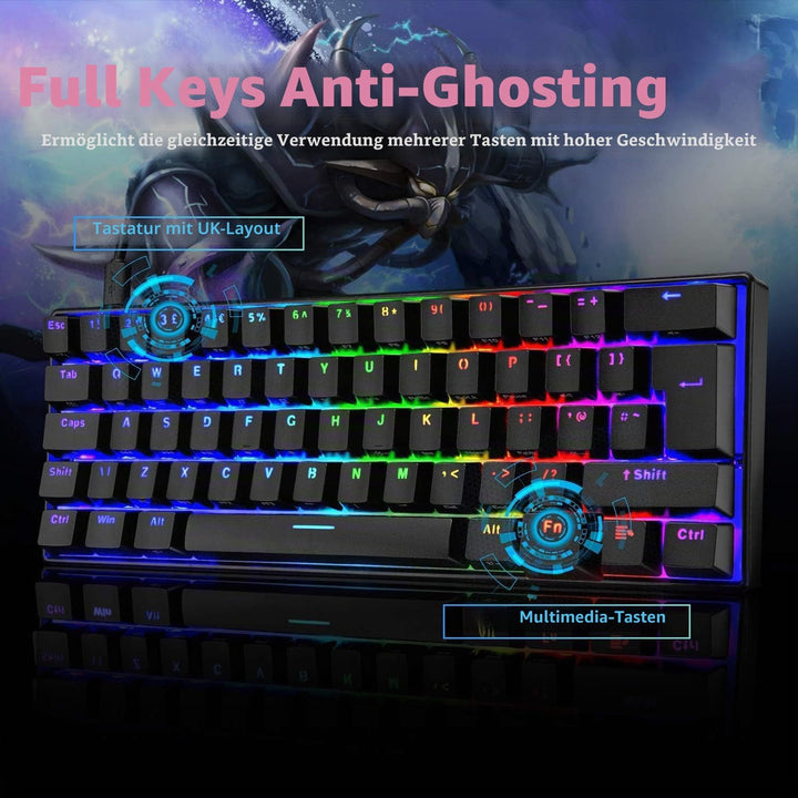UK Layout 60% Mechanische Gaming-Tastatur Typ C verkabelt 61 Tasten LED-beleuchtete USB-wasserdichte