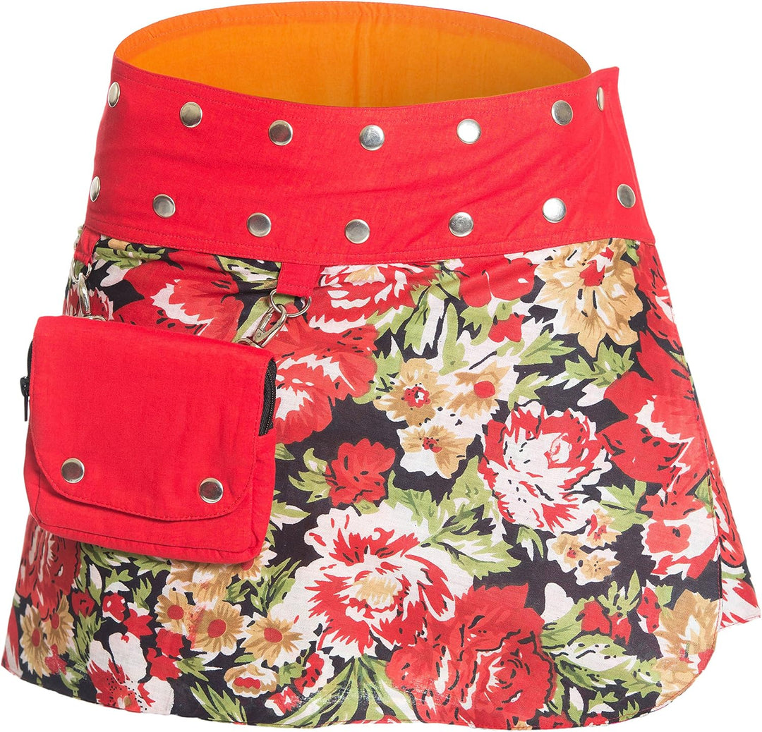 Damen Minirock aus Indien mit Tasche und 2 Mustern zum Wenden, Sommerrock kurz, Wenderock, Wickelroc