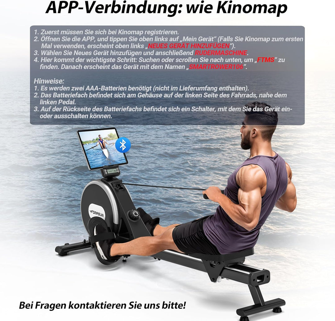 DMASUN Rudergerät für Zuhause, Magnetisches Rudergerät mit Upgrade Doppel-Slide-Rails, APP-Verbindun