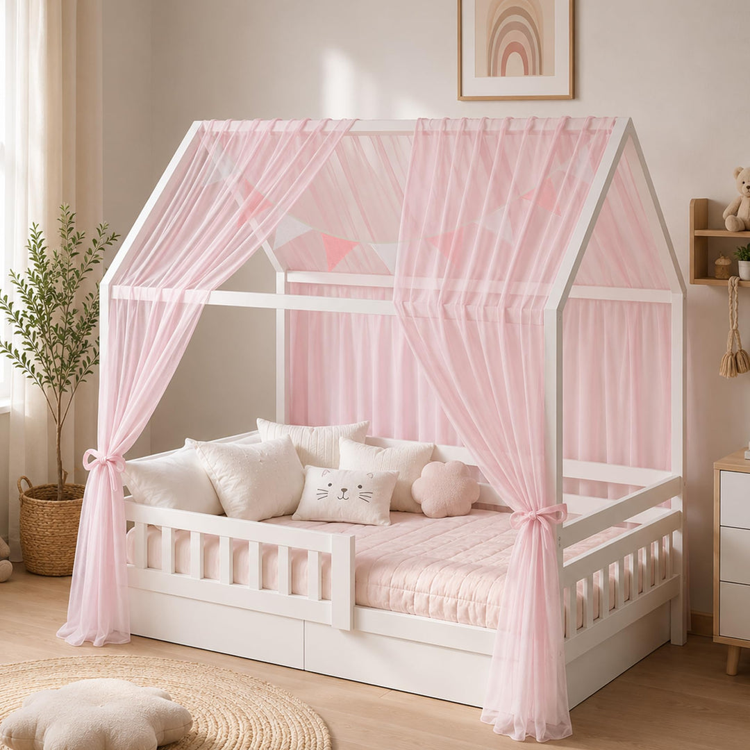 iLuane Kinderbett Baldachin Rosa mit 3 m Baumwoll-Wimpelgirlande, Hausbett Deko Set mit 2 Tüll Vorhä