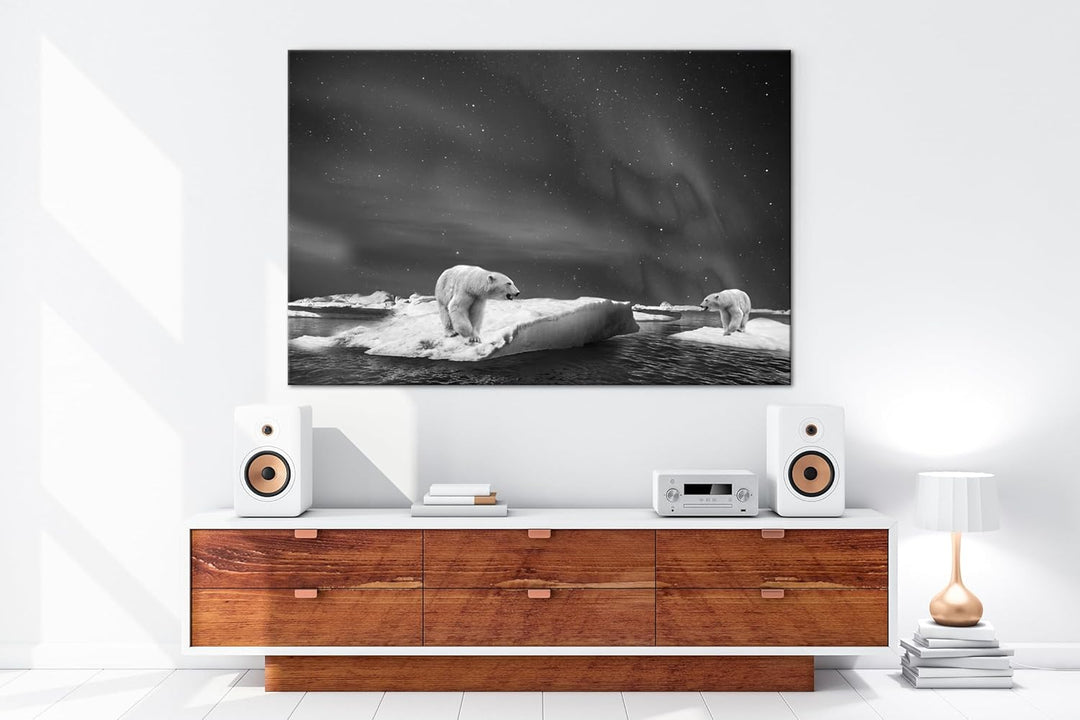 deyoli Eisbären im Polarlicht Format: 120x80 Effekt: Schwarz&Weiss als Leinwand, Motiv fertig gerahm