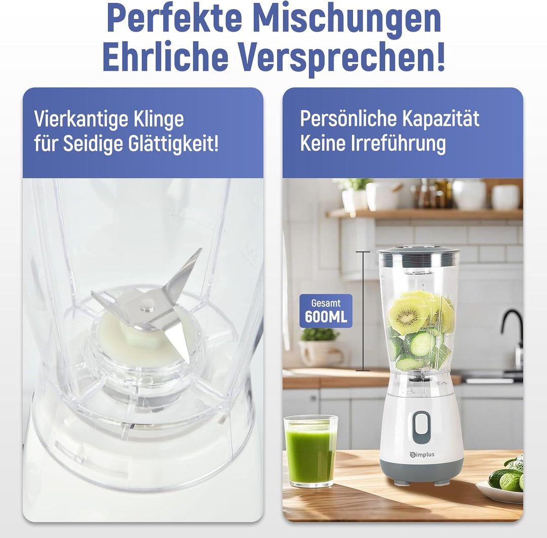 SIMPLUS Standmixer 600 ml, kompakter Smoothie Mixer mit 23000 U/min, 250W Küchenmixer mit 4-fach Ede