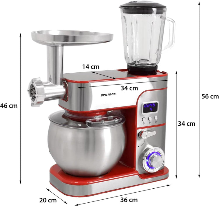 Syntrox Germany Küchengerät Kagus Edelstahl 6 Liter Küchenmaschine & Fleischwolf, Knethaken, Schneeb