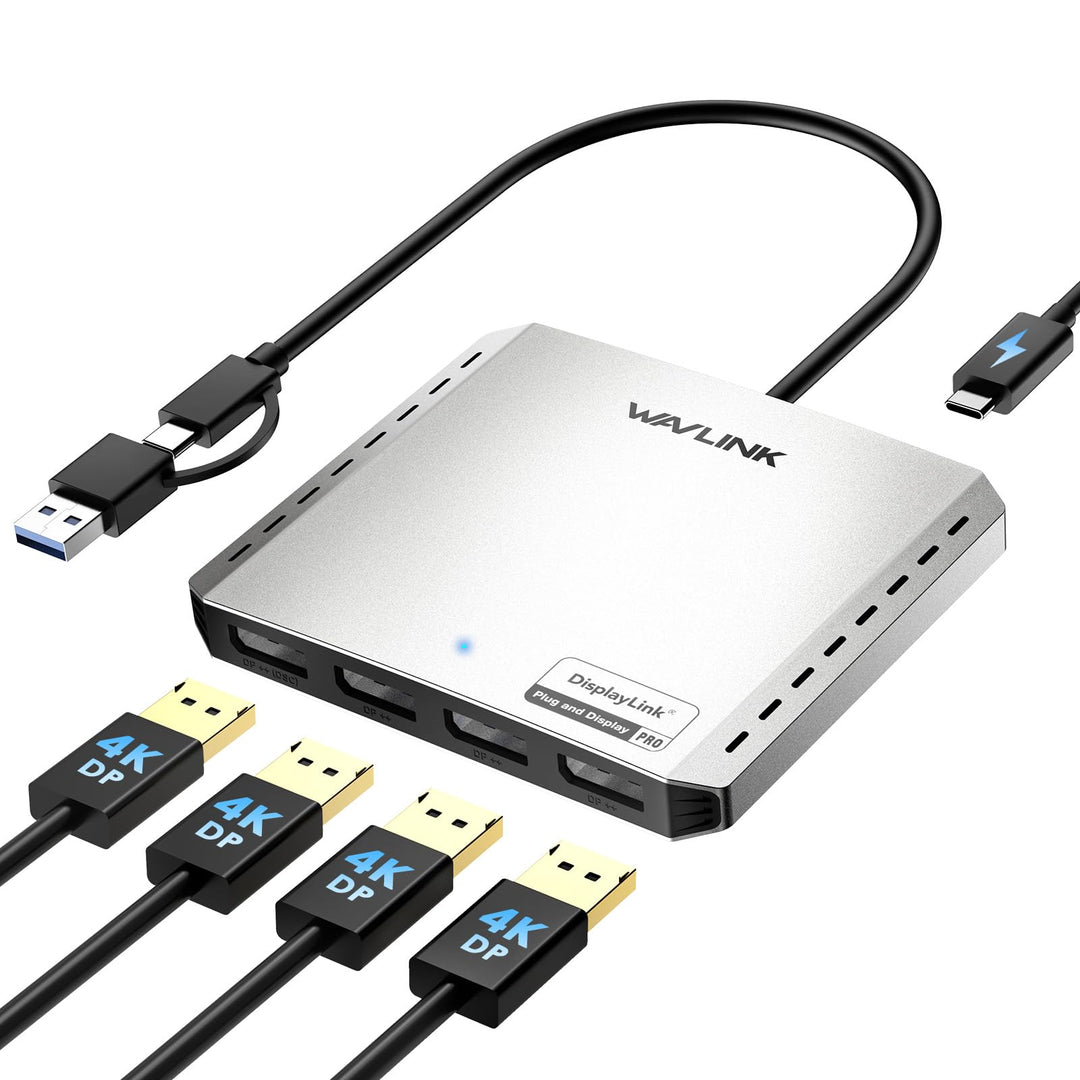 WAVLINK USB 3.0 or USB C to Quad Displayport Splitter Extended Display for Four Monitor with 85W PD,
