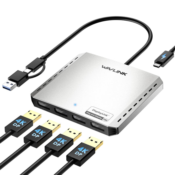 WAVLINK USB 3.0 or USB C to Quad Displayport Splitter Extended Display for Four Monitor with 85W PD,