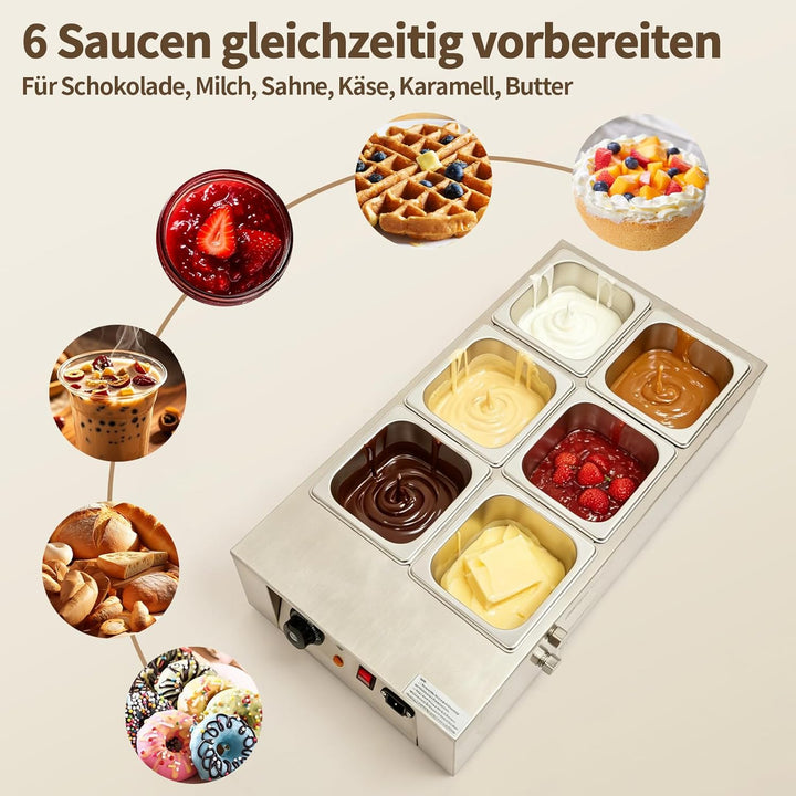 OUKANING Elektrische Schokolade Schmelzgerät 1000W - Schokoladenschmelzgerät mit 6 Schmelztiegel 0-8