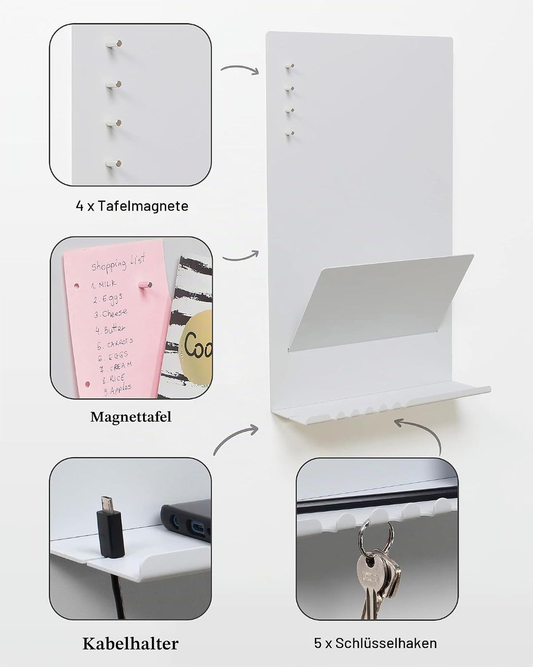 byde Wandorganizer Heke aus Stahlstruktur. 30 x 9 x 49 cm 3-in-1 Wandregal mit Magnettafel und Magne