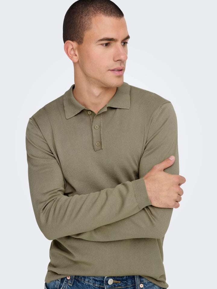 Herren O&S Polo Langarm Shirt Basic Pullover aus Baumwolle Longsleeve Knitted Sweater ONSWYLER, Chin