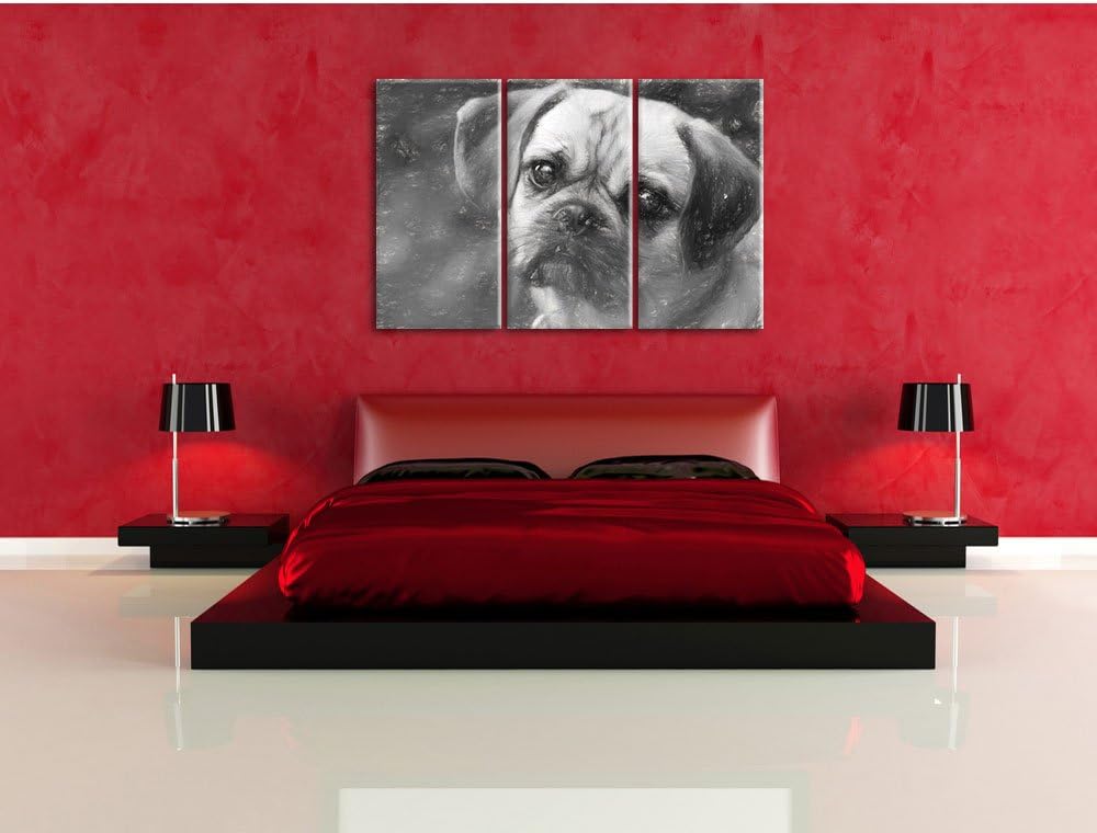 Pixxprint Mops Welpe / 3-Teilig/Gesamtmass 120cm Leinwandbild bespannt auf Holzrahmen/Wandbild Kunst