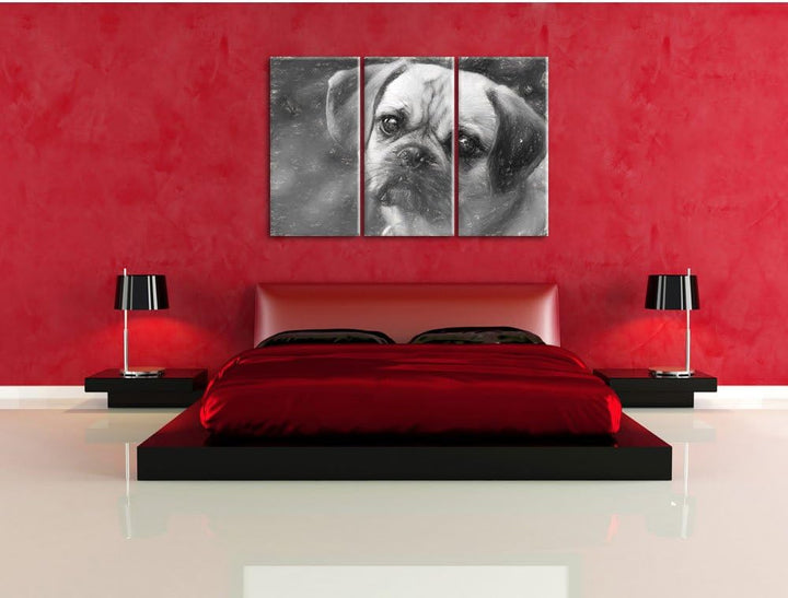 Pixxprint Mops Welpe / 3-Teilig/Gesamtmass 120cm Leinwandbild bespannt auf Holzrahmen/Wandbild Kunst