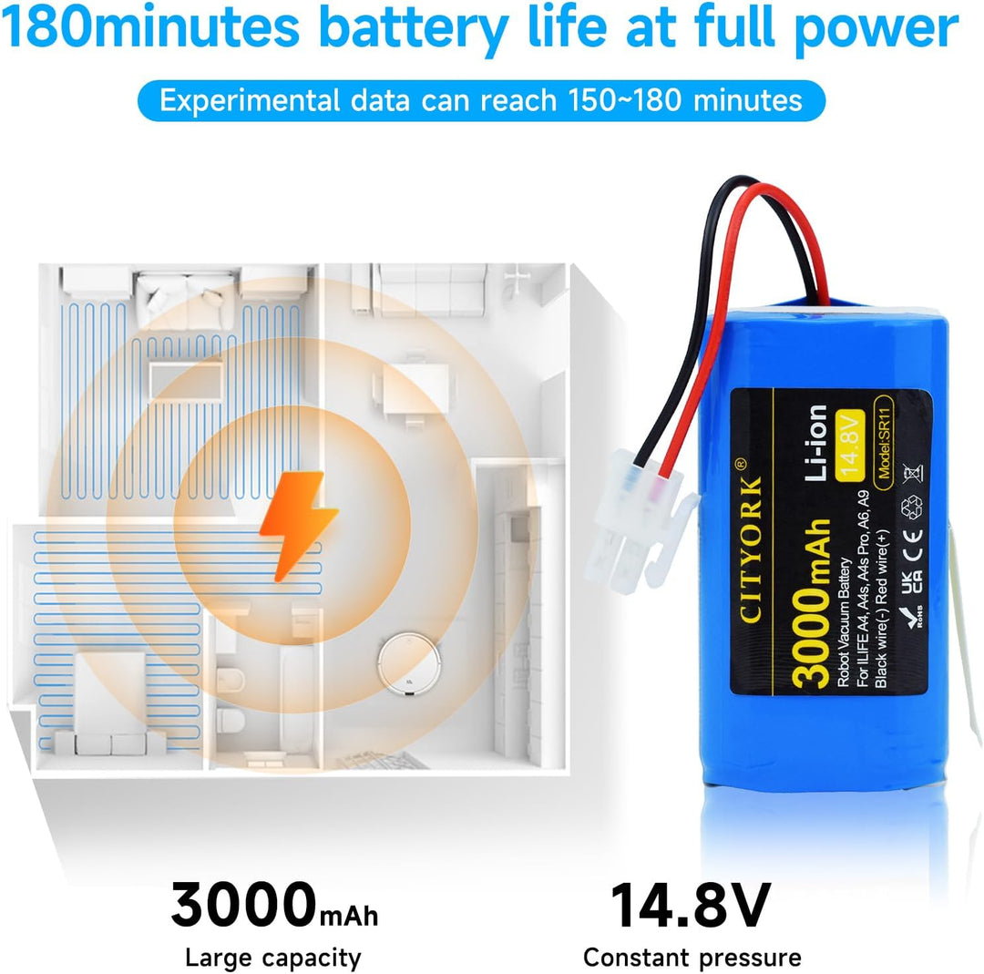 CITYORK 3000mAh Akku für Zaco iLifeA4, A4s, A4s Pro, V7, V7S, V7 Plus/Pro, A6, A7, A8, A9, A10, A10
